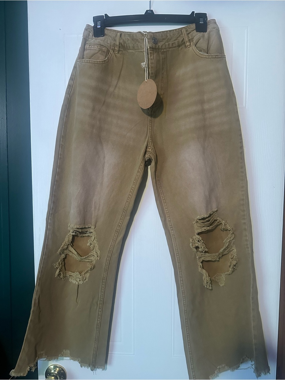 Women’s Distressed High-Rise Jeans — light brown